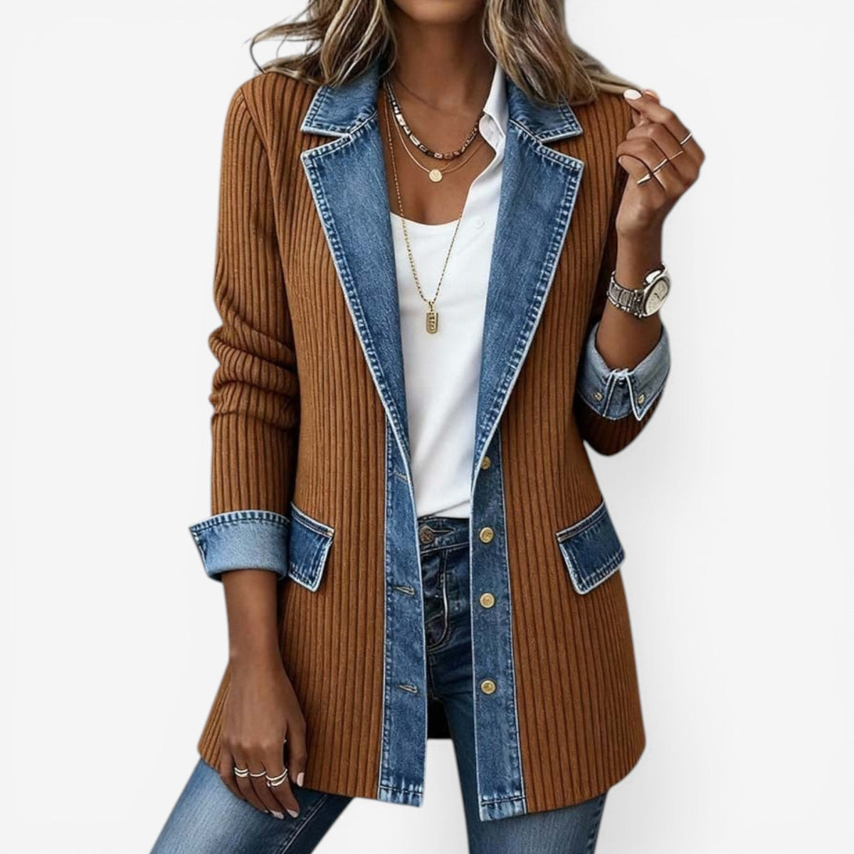 Women's Layered-Collar Knit & Denim-Look Jacket