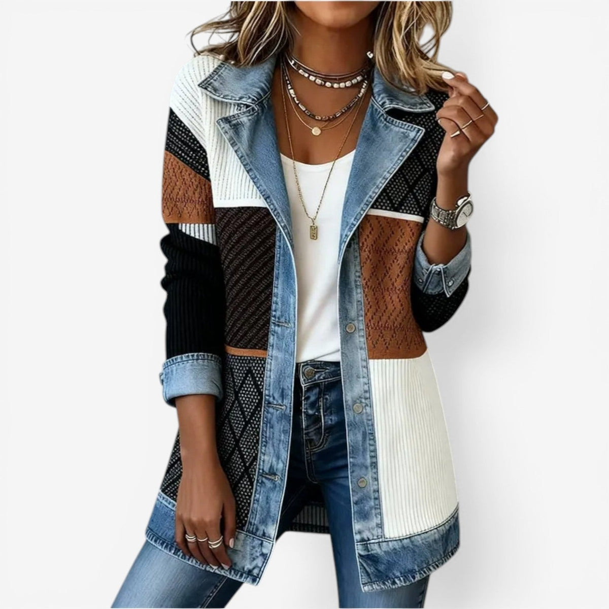 Women's Layered-Collar Knit & Denim-Look Jacket