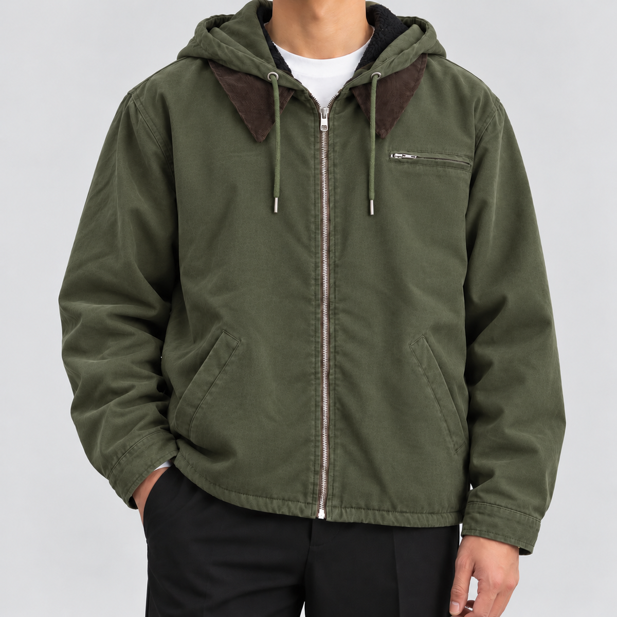Men's vintage fleece-lined hooded workwear jacket in green, front view