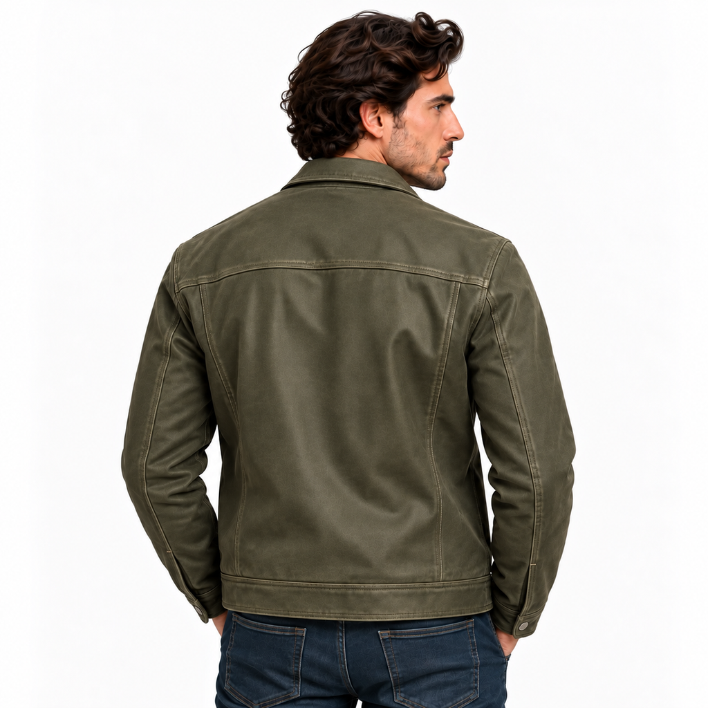 Army green leather-look zip-up jacket, back view