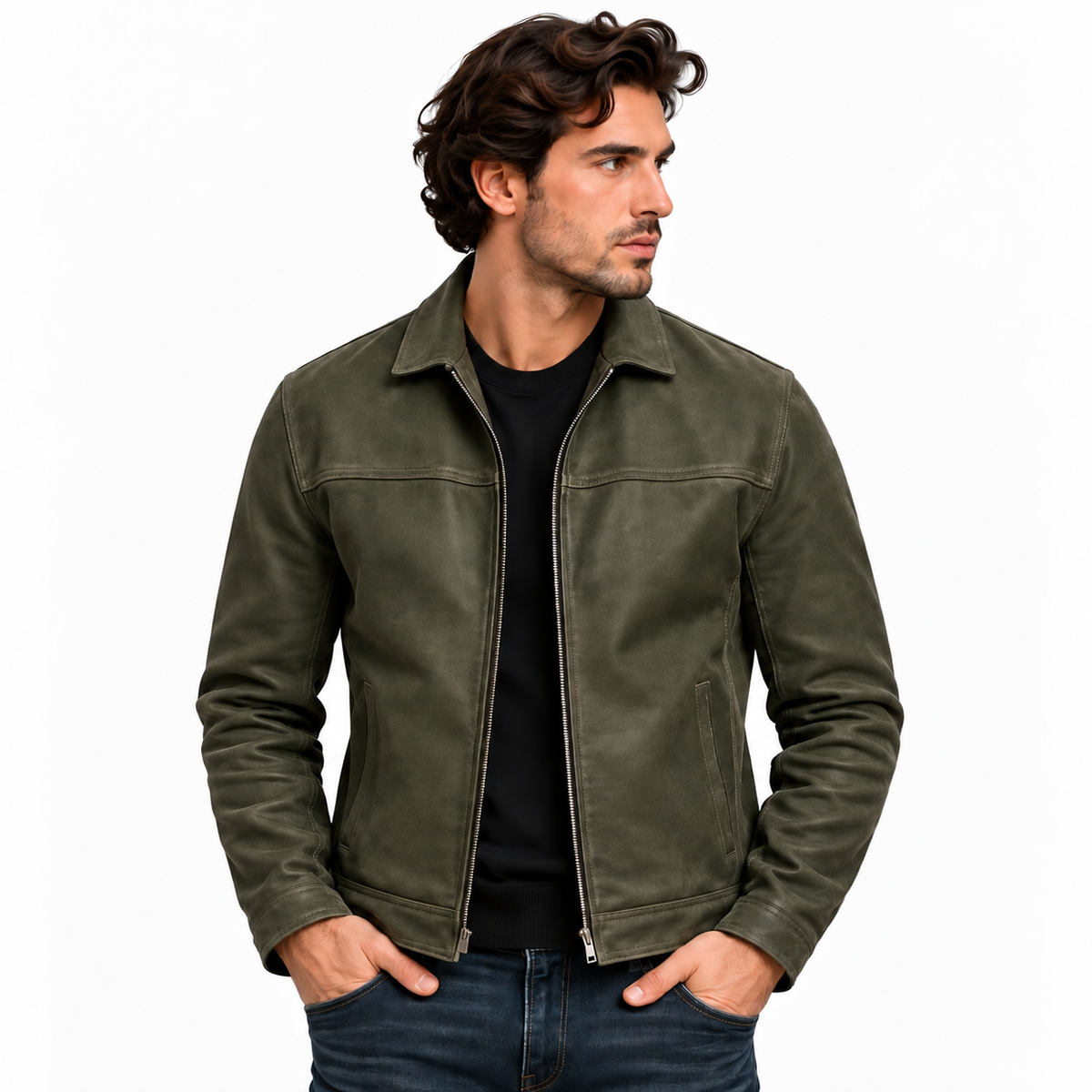 Men's leather-look zip-up jacket in army green
