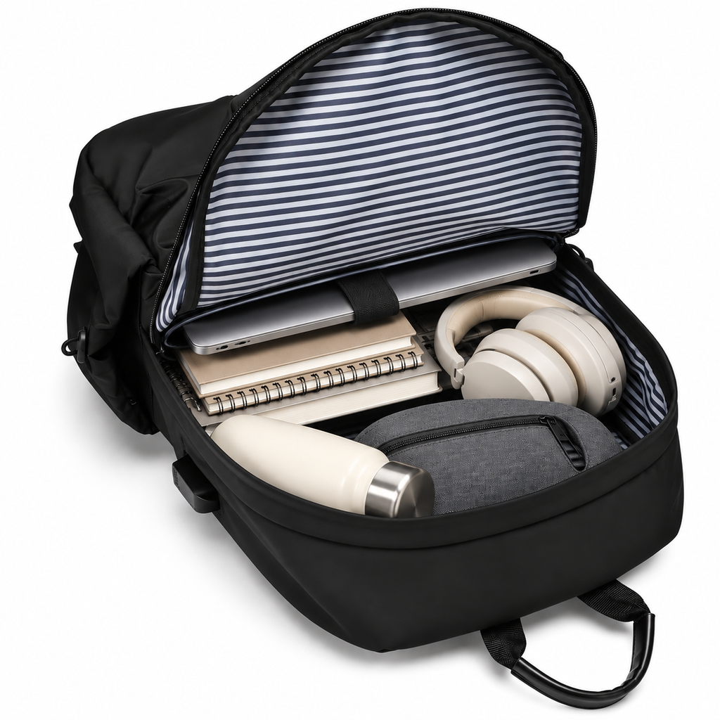 Black backpack showing organised compartments and essentials
