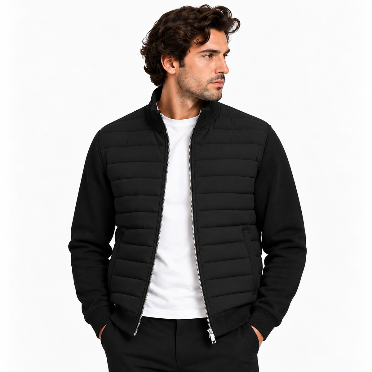 Men's hybrid quilted jacket with knitted sleeves in black