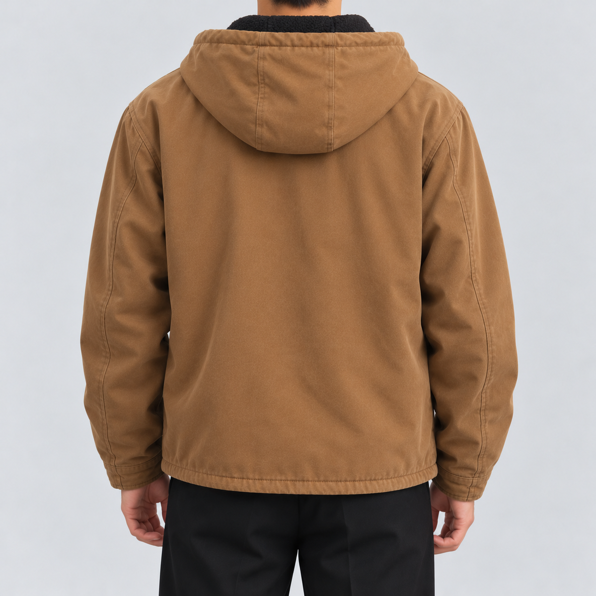 Brown hooded workwear jacket, back view