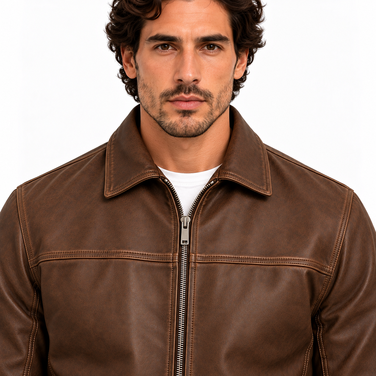 Brown leather-look zip-up jacket, model portrait