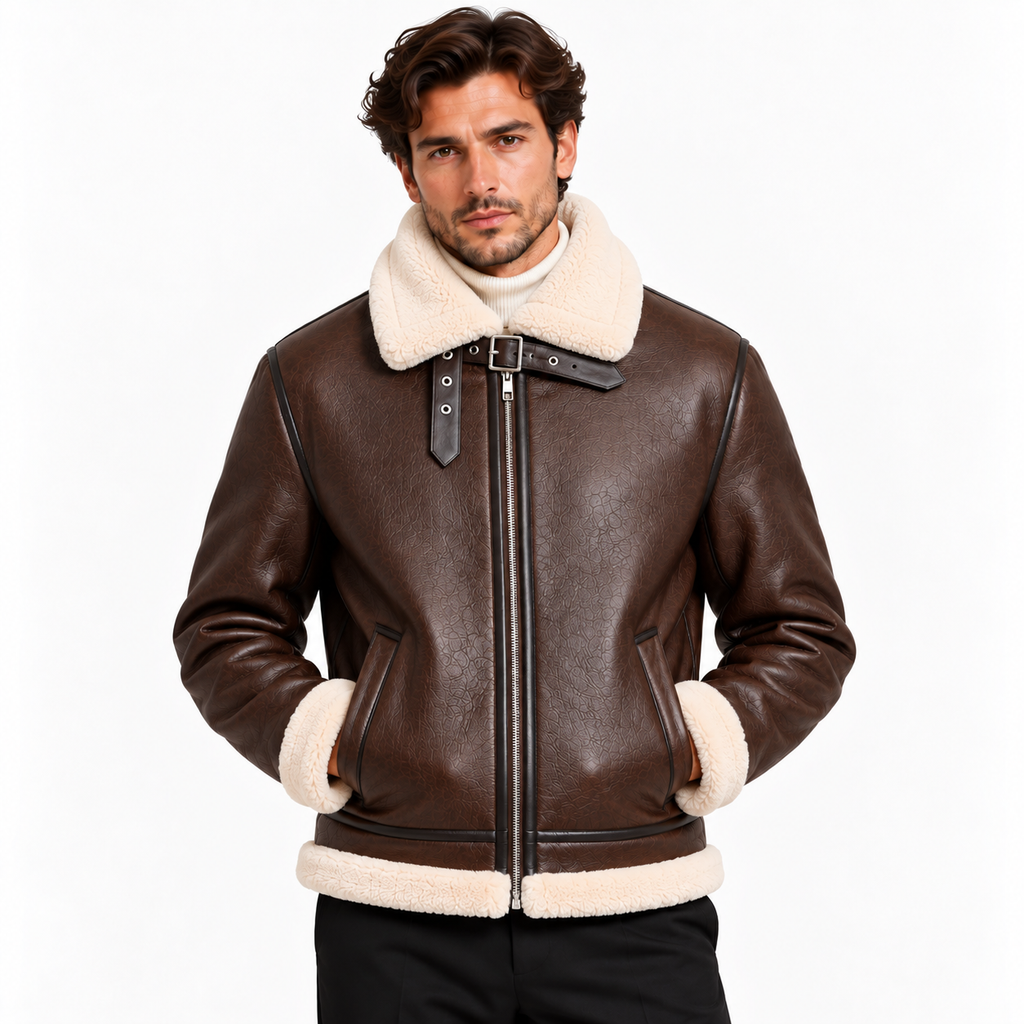 Leather-look aviator jacket with shearling-style collar, model shot