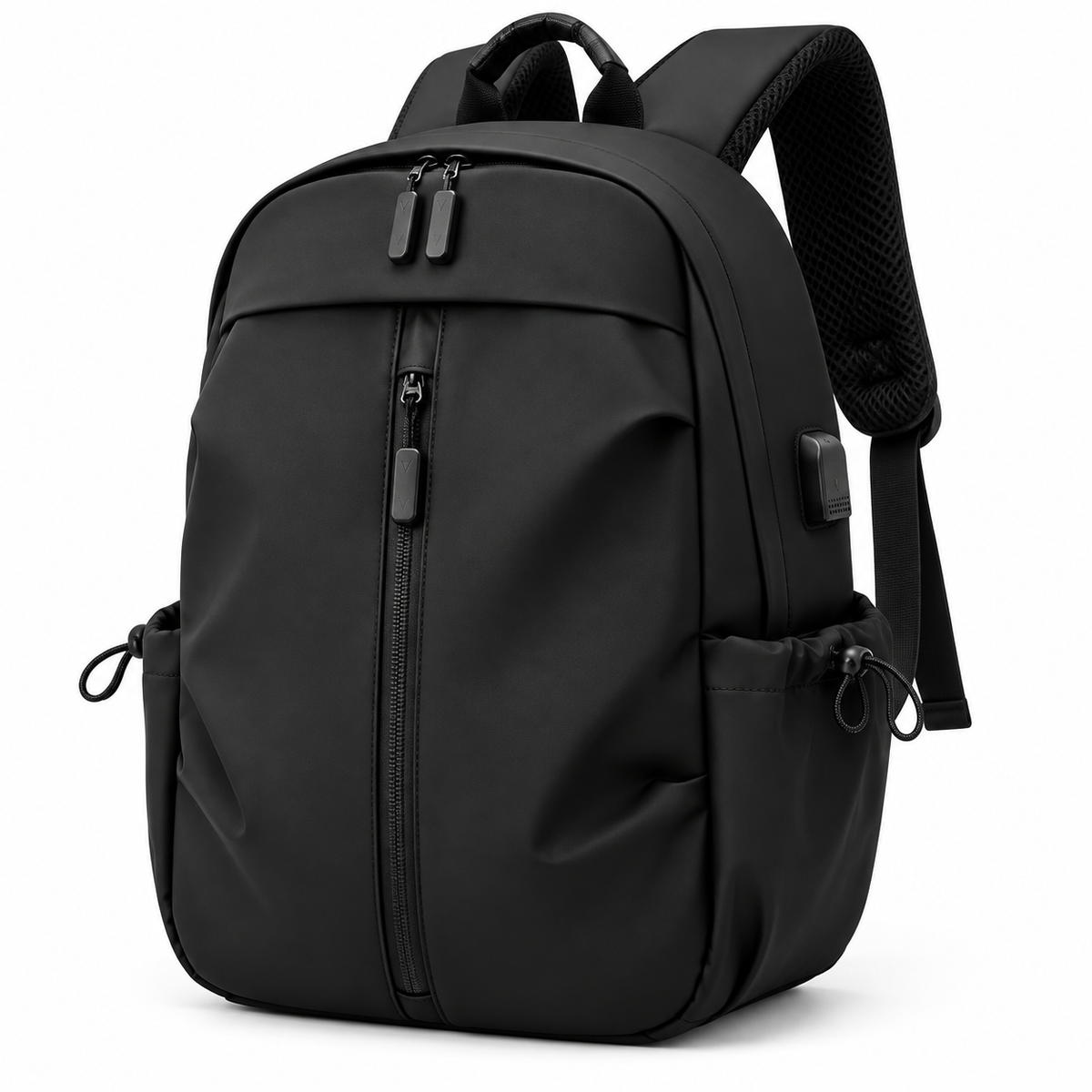 Men's minimalist backpack in black, front view