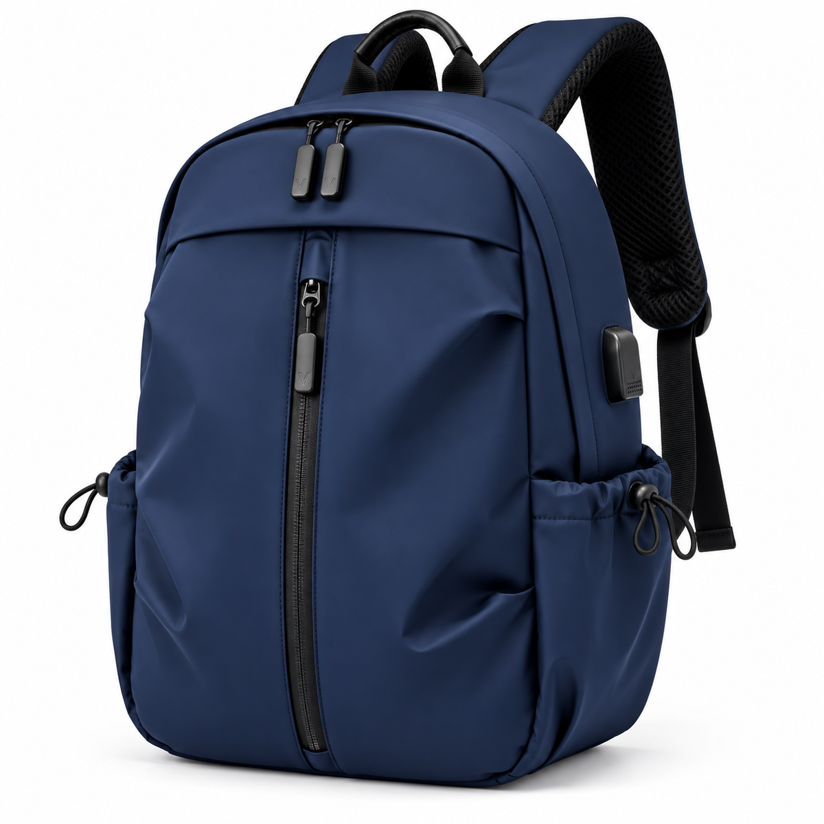 Men's minimalist backpack in navy blue, front view