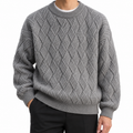 Men's chunky cable knit crew neck sweater in grey, front view