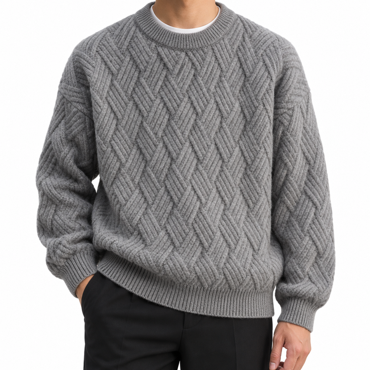 Men's chunky cable knit crew neck sweater in grey, front view
