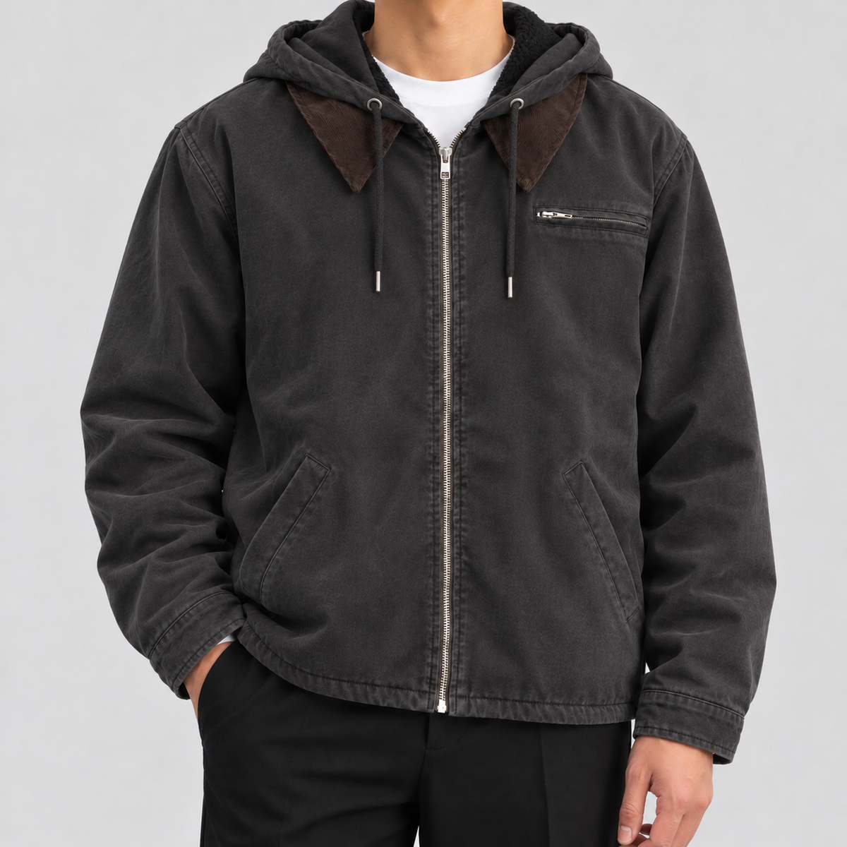 Men's vintage fleece-lined hooded workwear jacket in washed black, front view