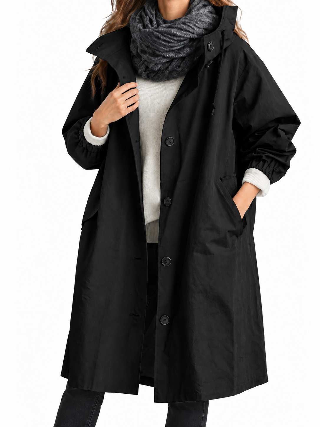 Women's Packable Hooded Raincoat with Button-Front Closure
