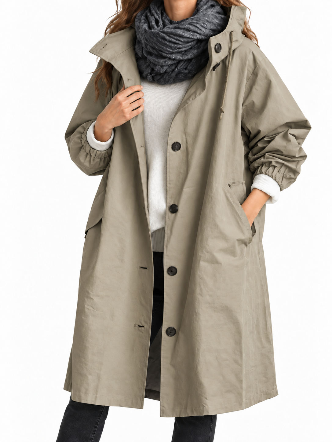 Women's Packable Hooded Raincoat with Button-Front Closure