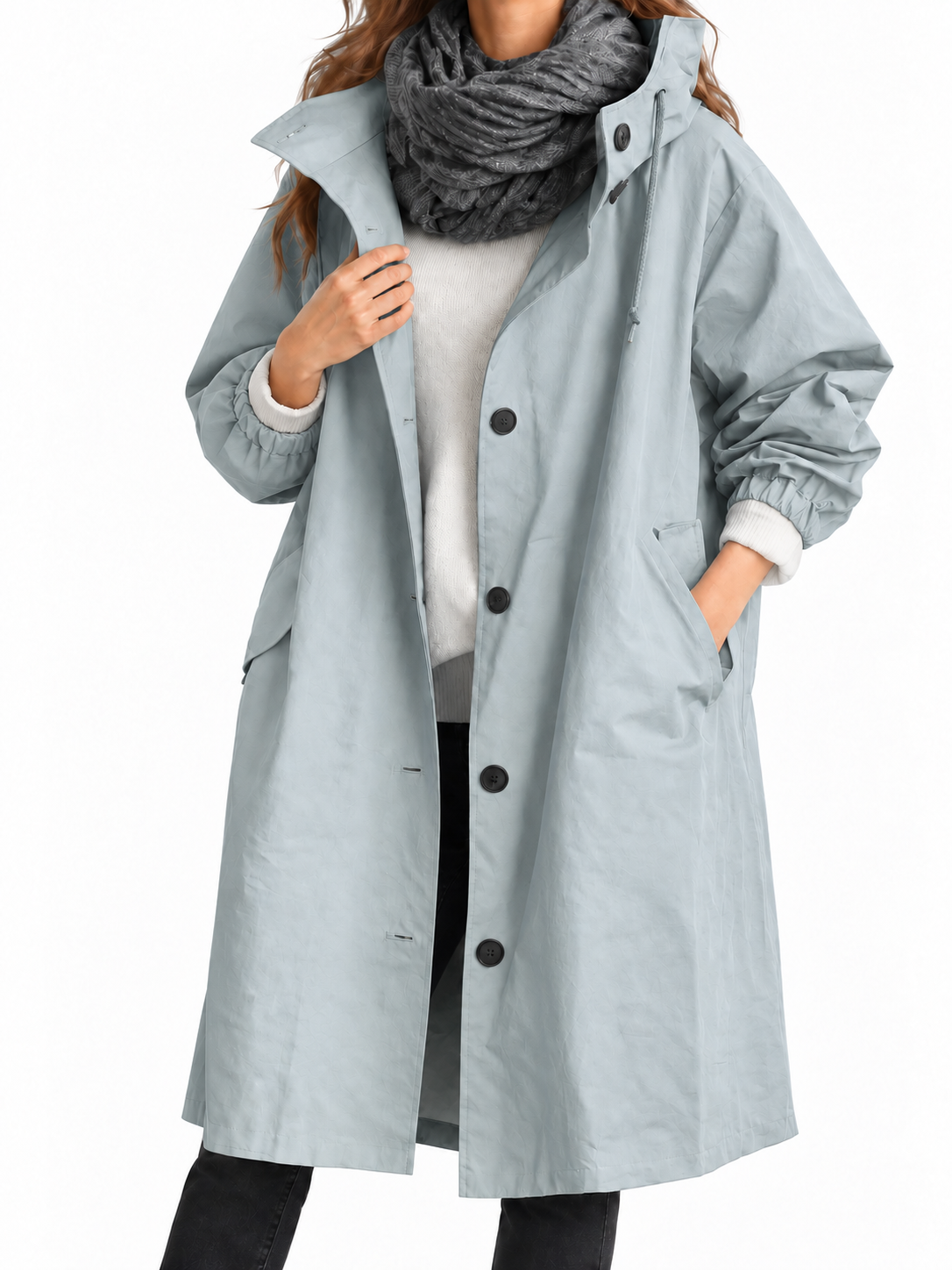 Women's Packable Hooded Raincoat with Button-Front Closure