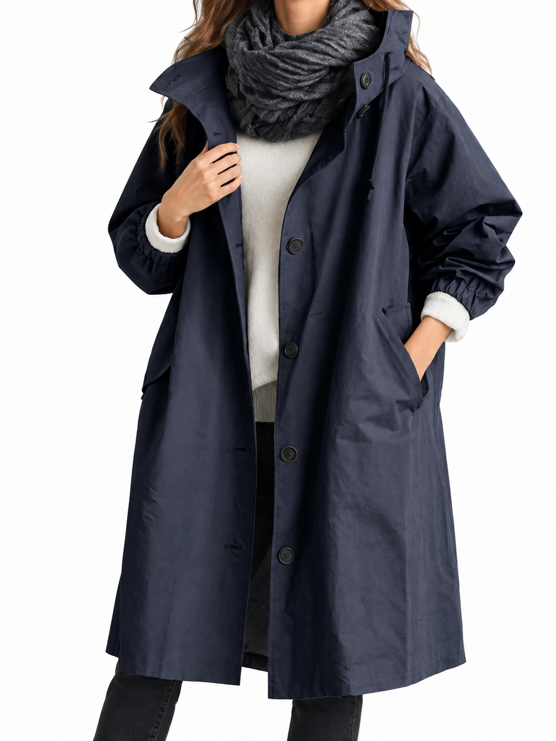 Women's Packable Hooded Raincoat with Button-Front Closure
