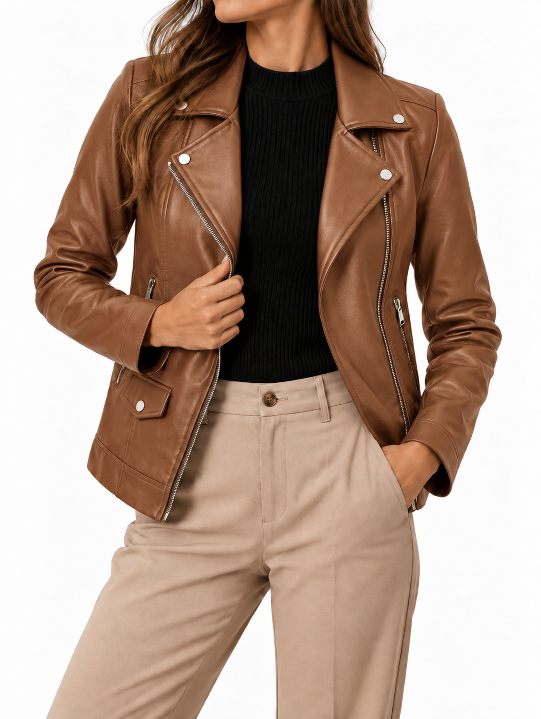 Women’s Chic Long-Sleeve Leather Jacket