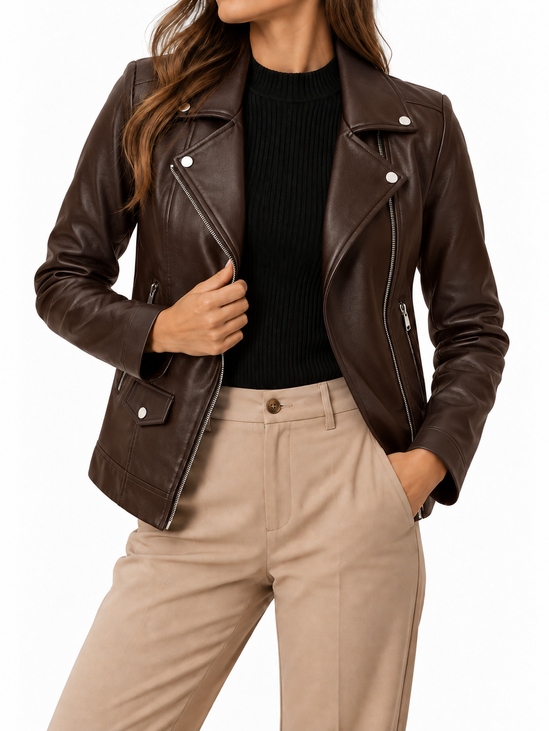 Women’s Chic Long-Sleeve Leather Jacket