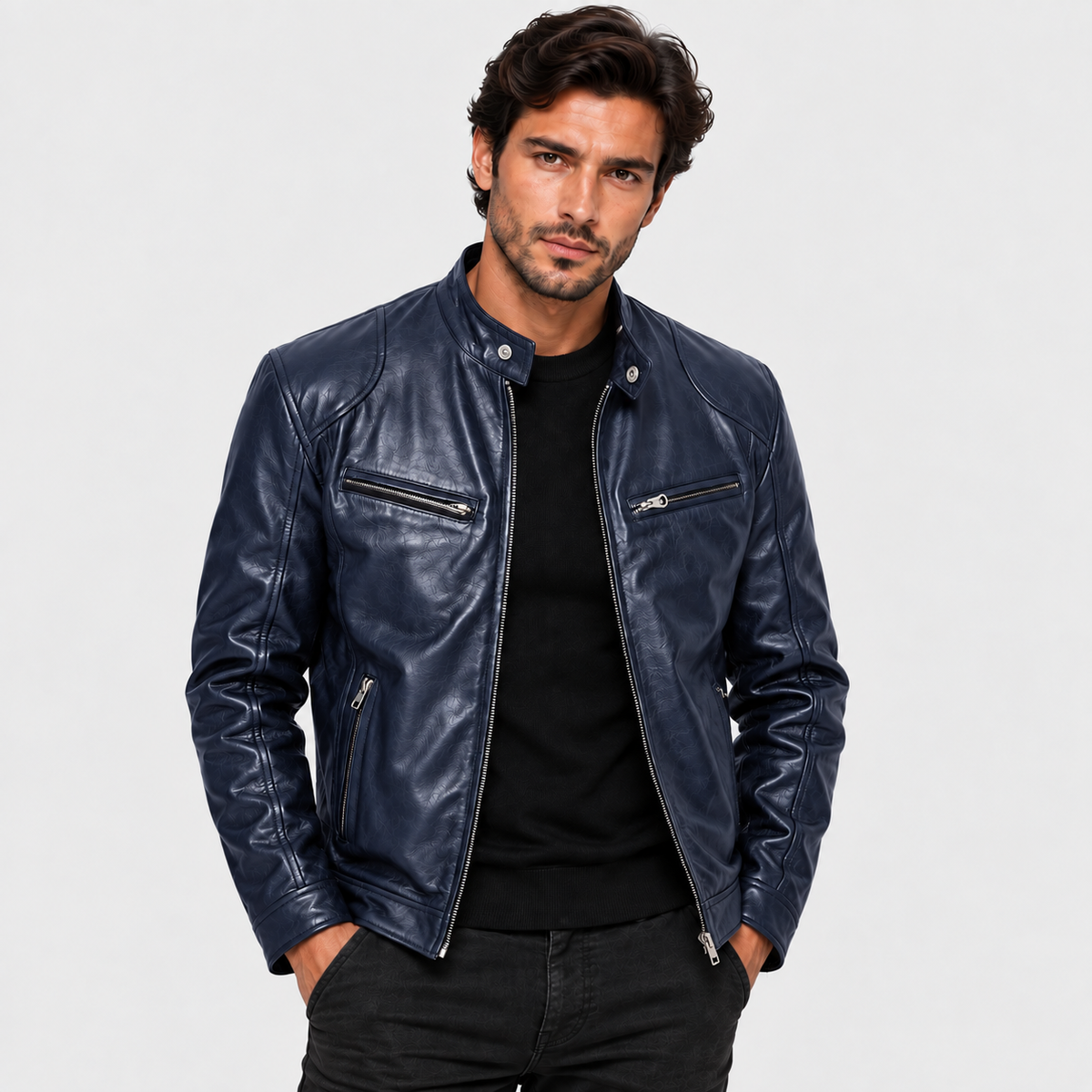 Men's Leather Jacket with Stand-Up Collar - product detail