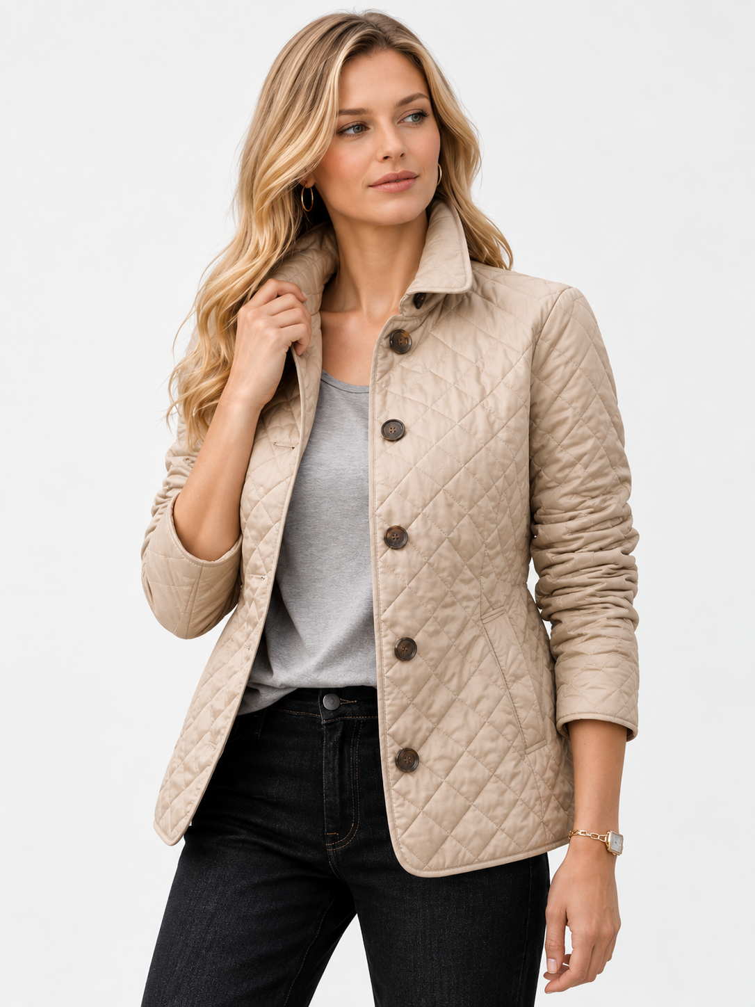 Women’s Quilted Mid-Season Jacket Button Front Lightweight Coat