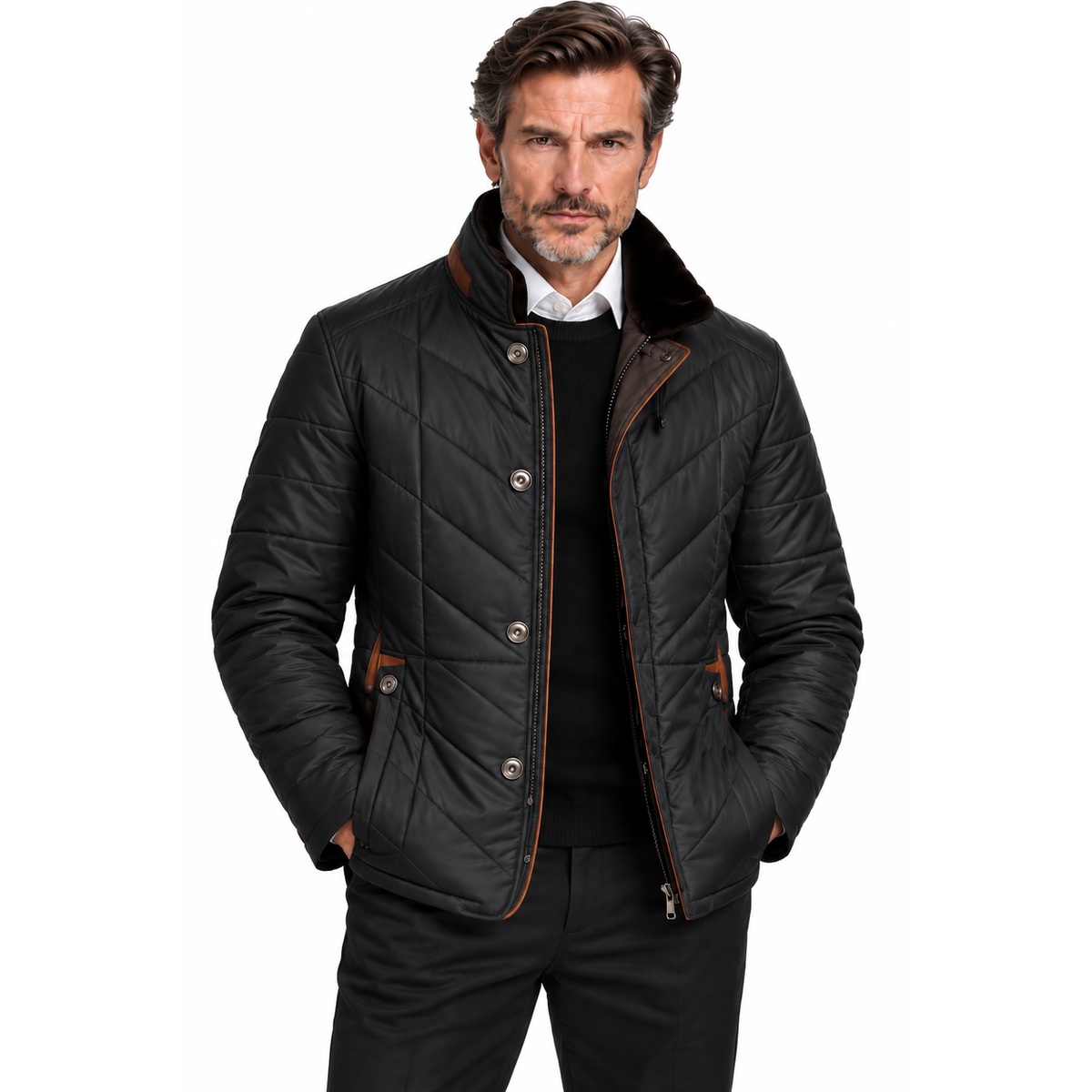 Men's Quilted Zip-Up Jacket with Stand Collar