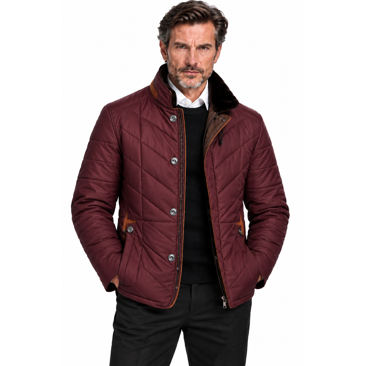 Men's Quilted Zip-Up Jacket with Stand Collar