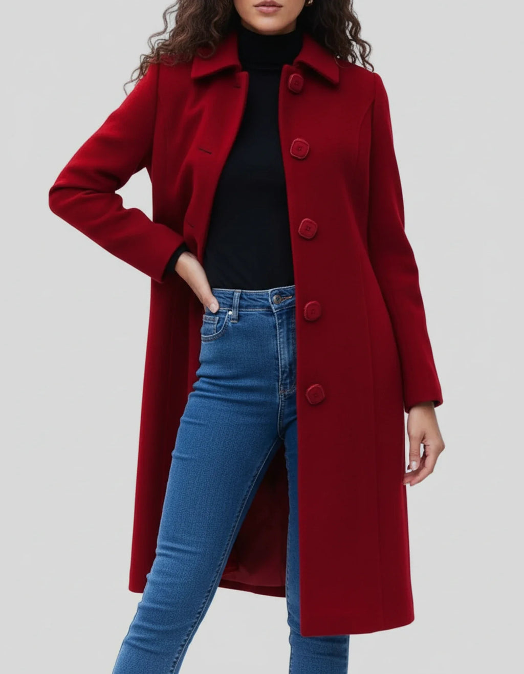 Women's Single-Breasted Fit and Flare Winter Coat - Dark Red detail