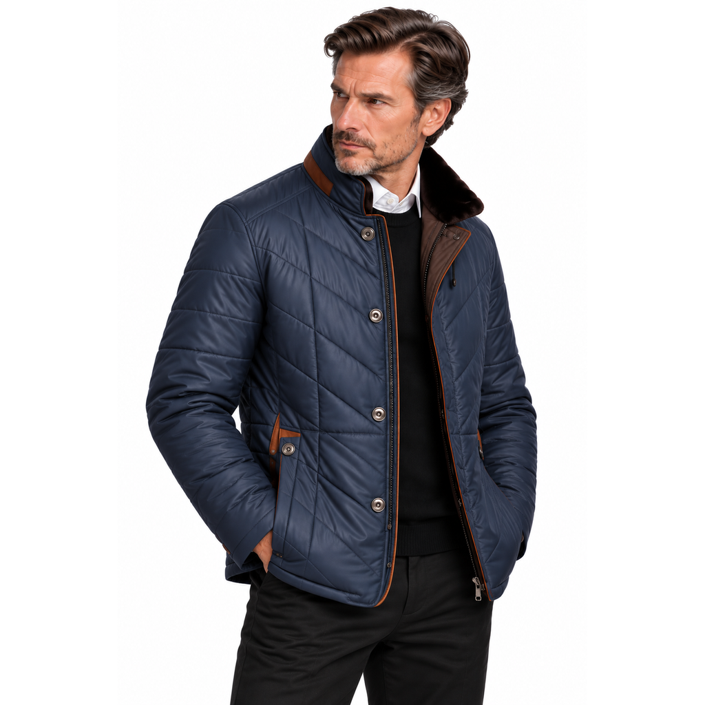 Men's Quilted Zip-Up Jacket with Stand Collar
