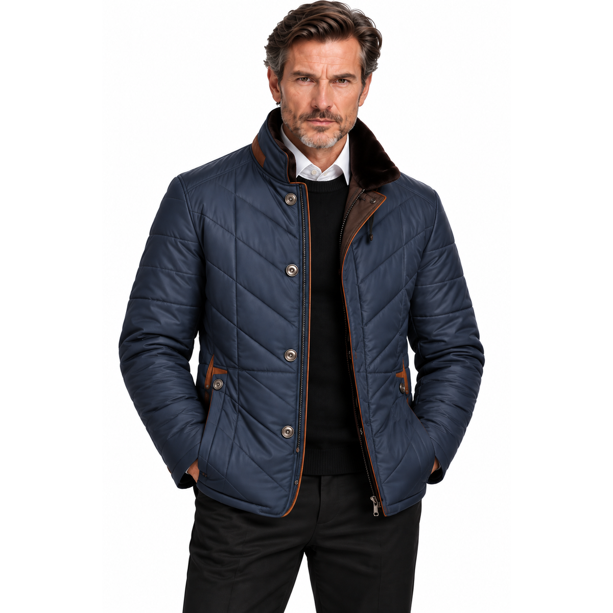 Men's Quilted Zip-Up Jacket with Stand Collar