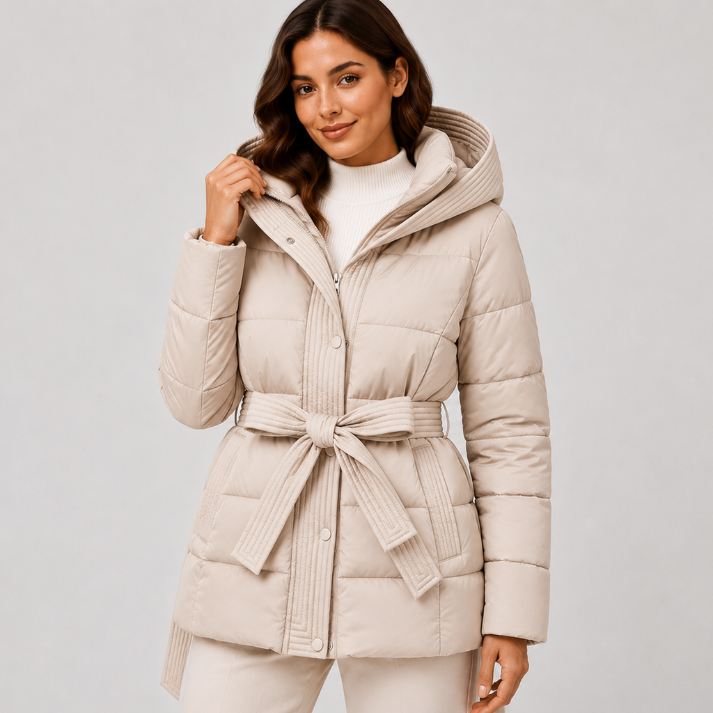 Women's Puffer Jacket with Hood and Belt