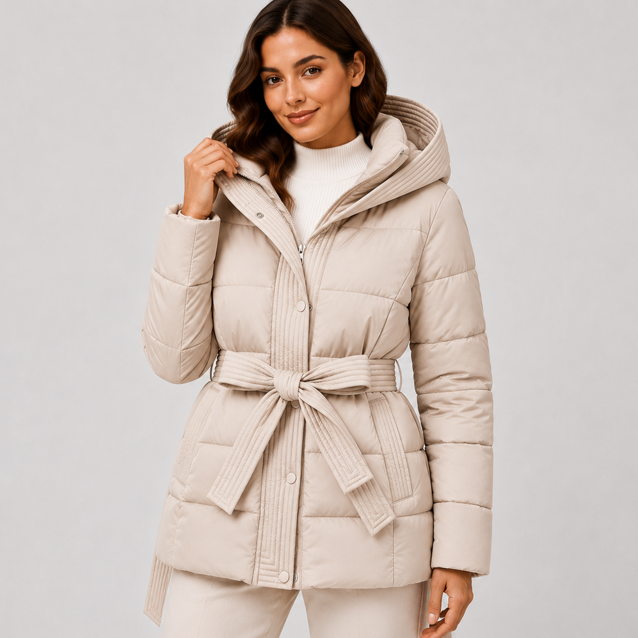 Women's Puffer Jacket with Hood and Belt