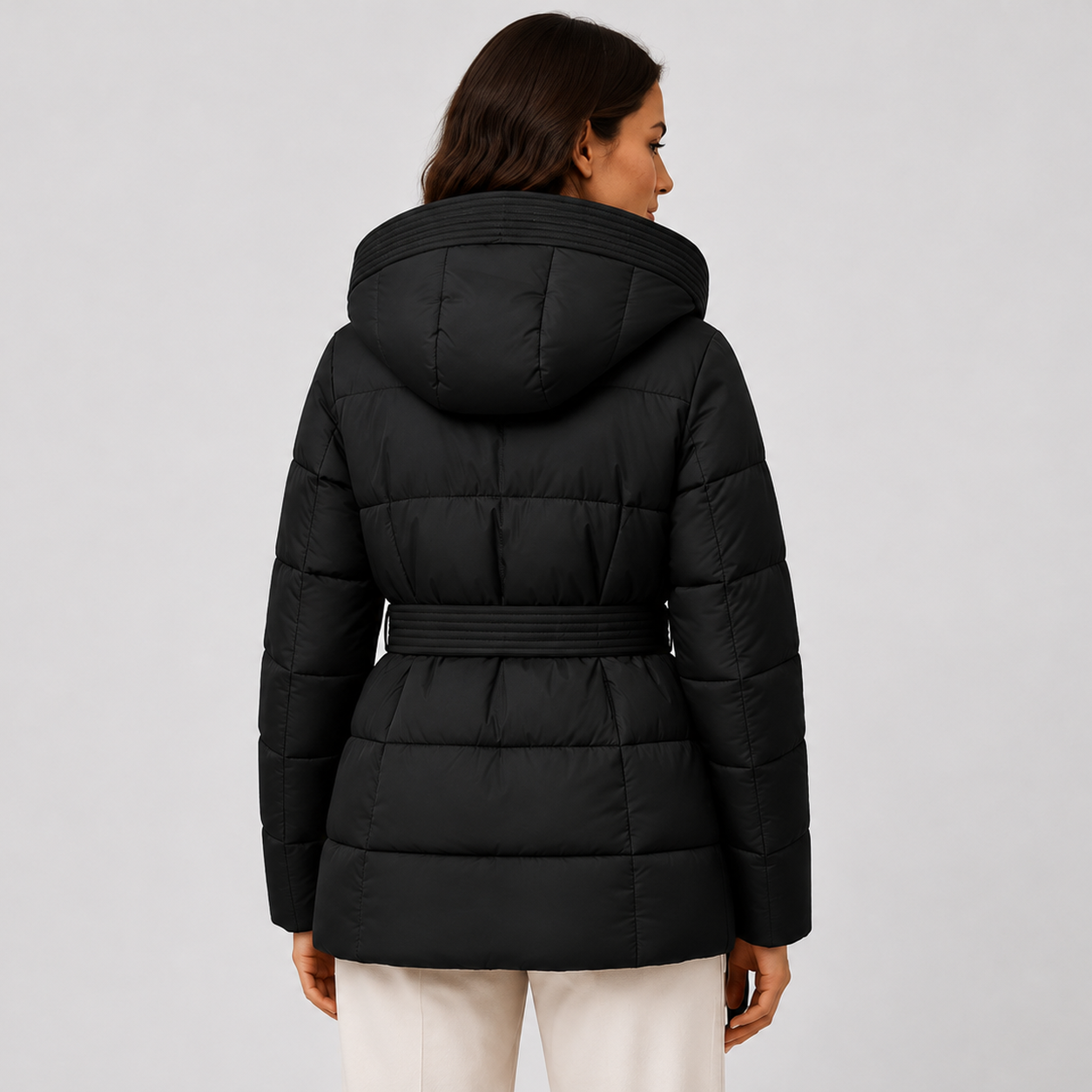 Women's Puffer Jacket with Hood and Belt