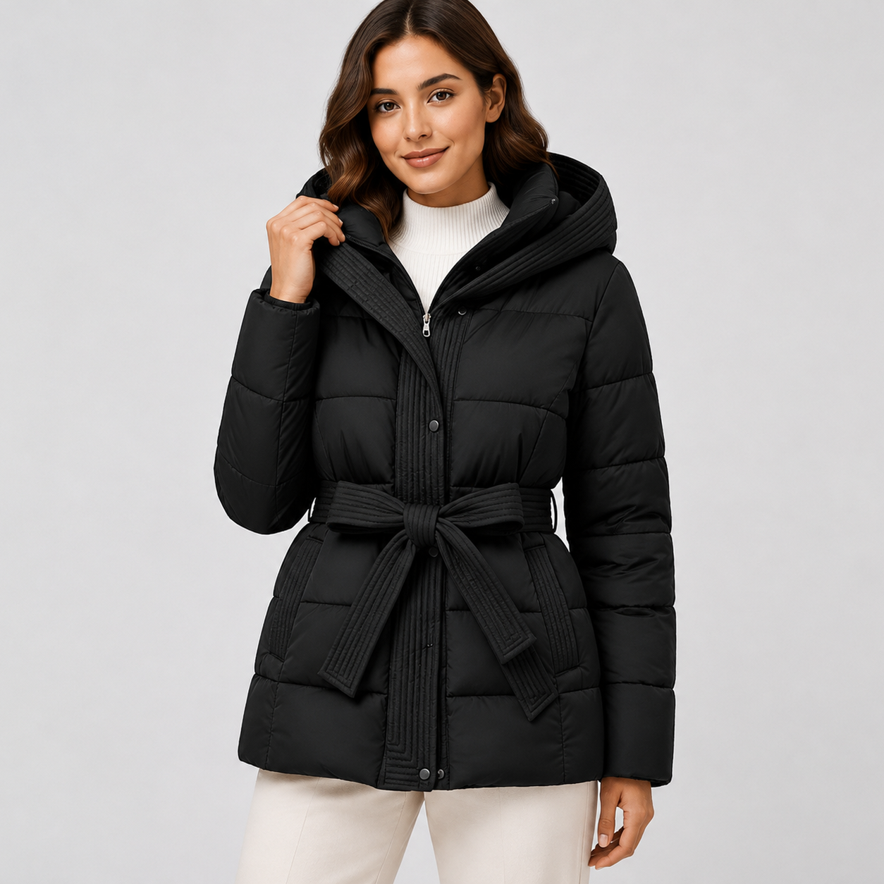 Women's Puffer Jacket with Hood and Belt