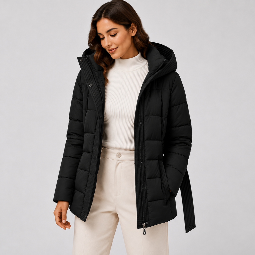 Women's Puffer Jacket with Hood and Belt
