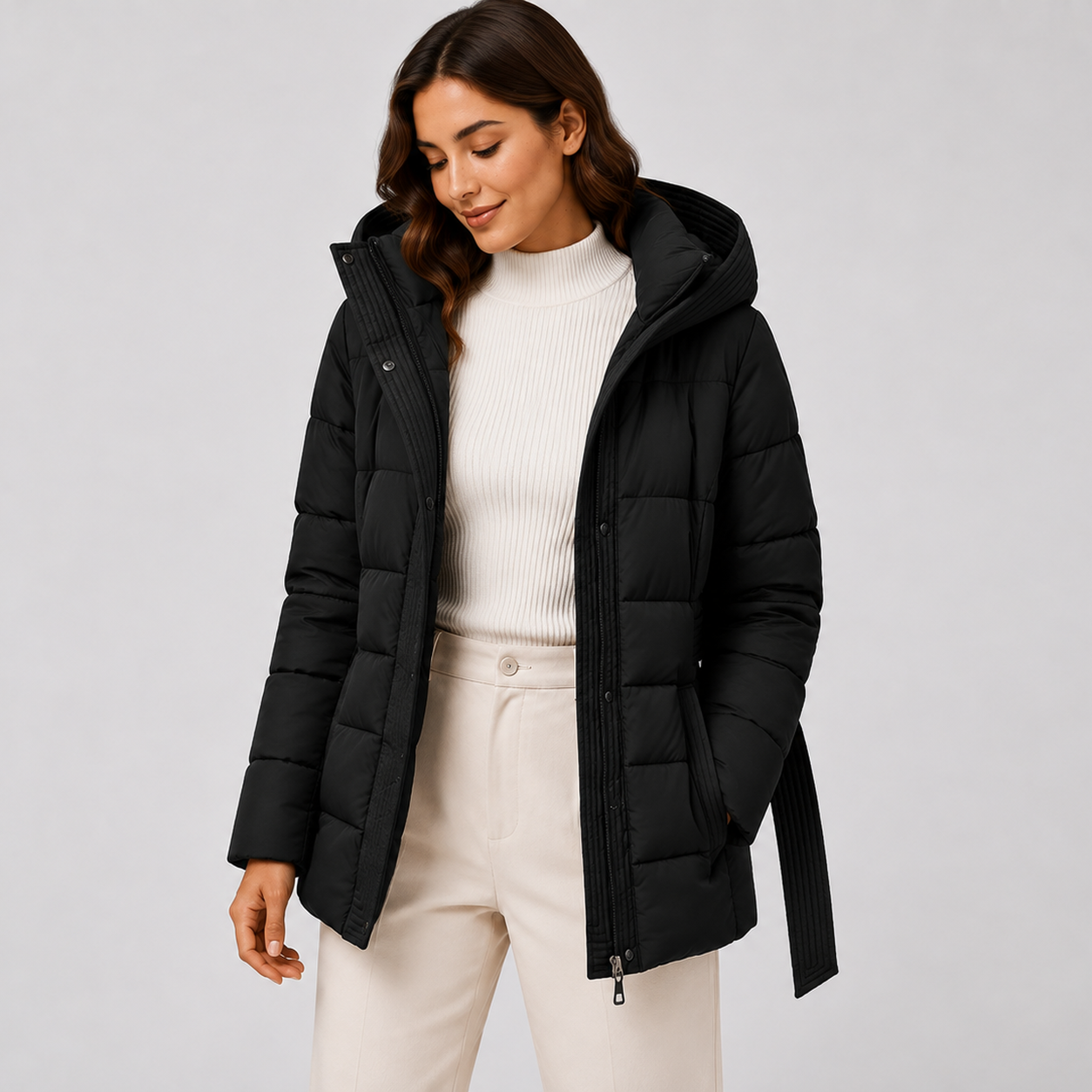 Women's Puffer Jacket with Hood and Belt