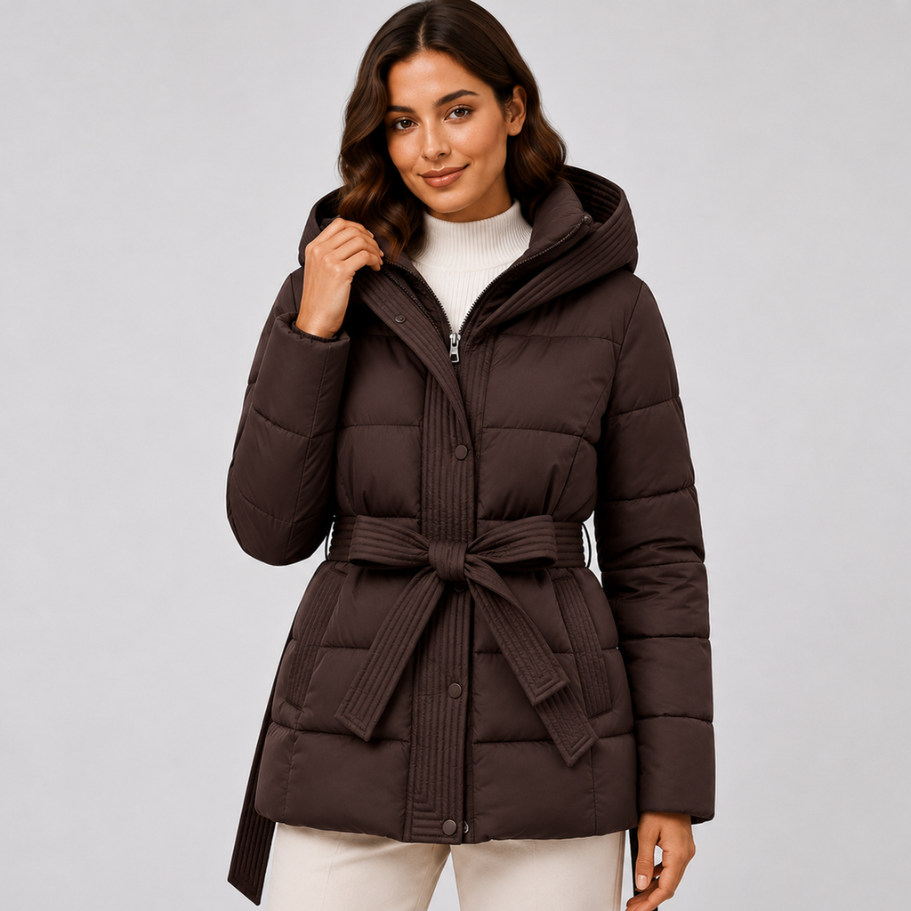 Women's Puffer Jacket with Hood and Belt