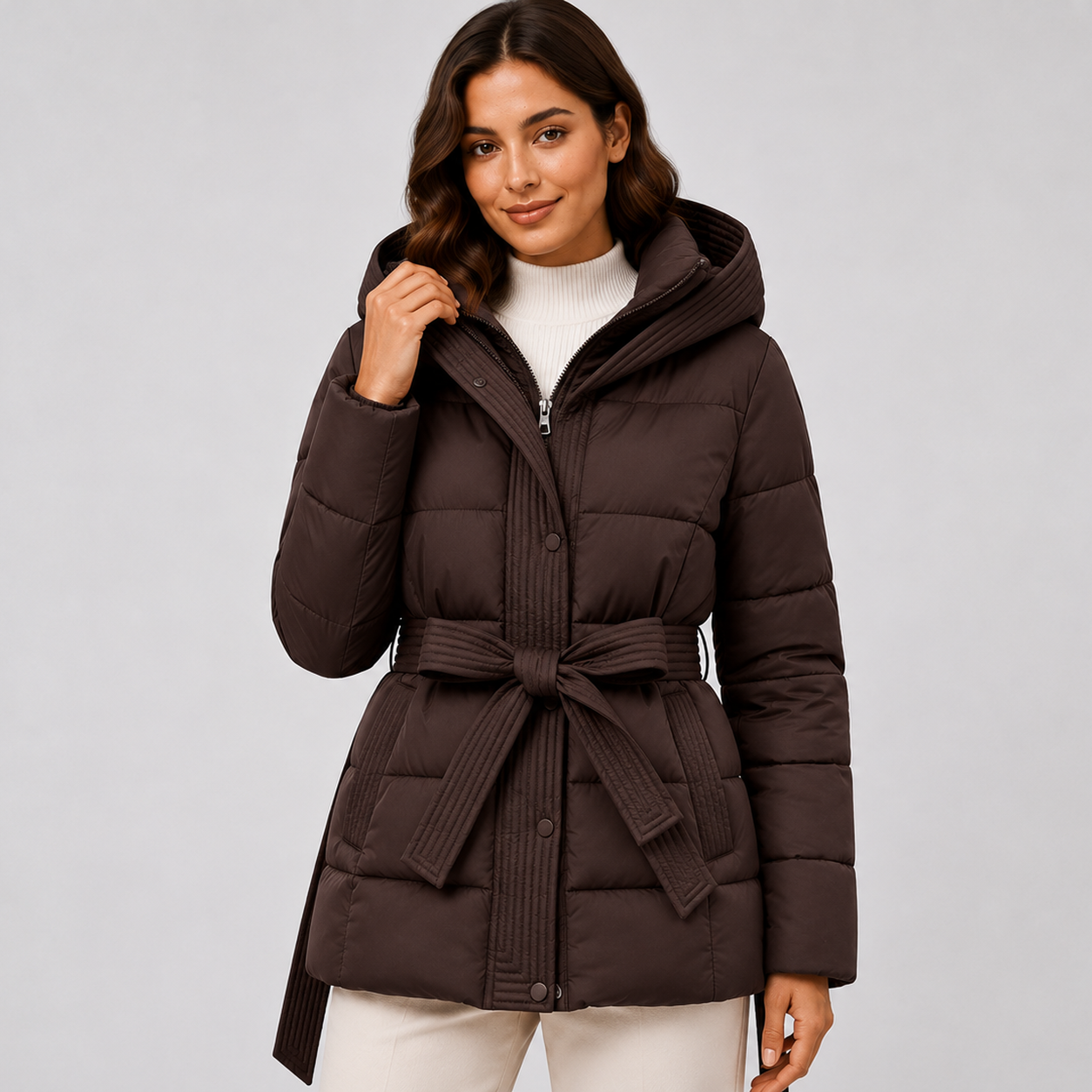 Women's Puffer Jacket with Hood and Belt