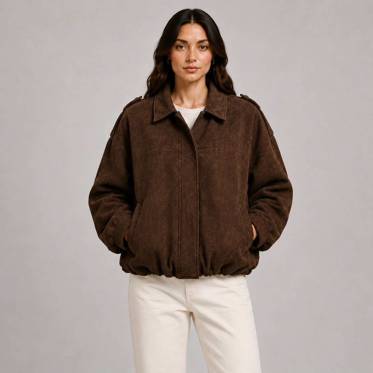 Women's Faux Suede Collared Bomber Jacket