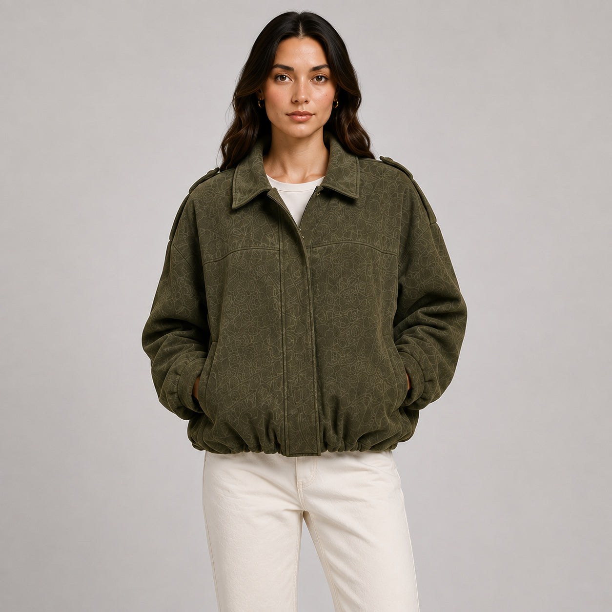 Women's Faux Suede Collared Bomber Jacket