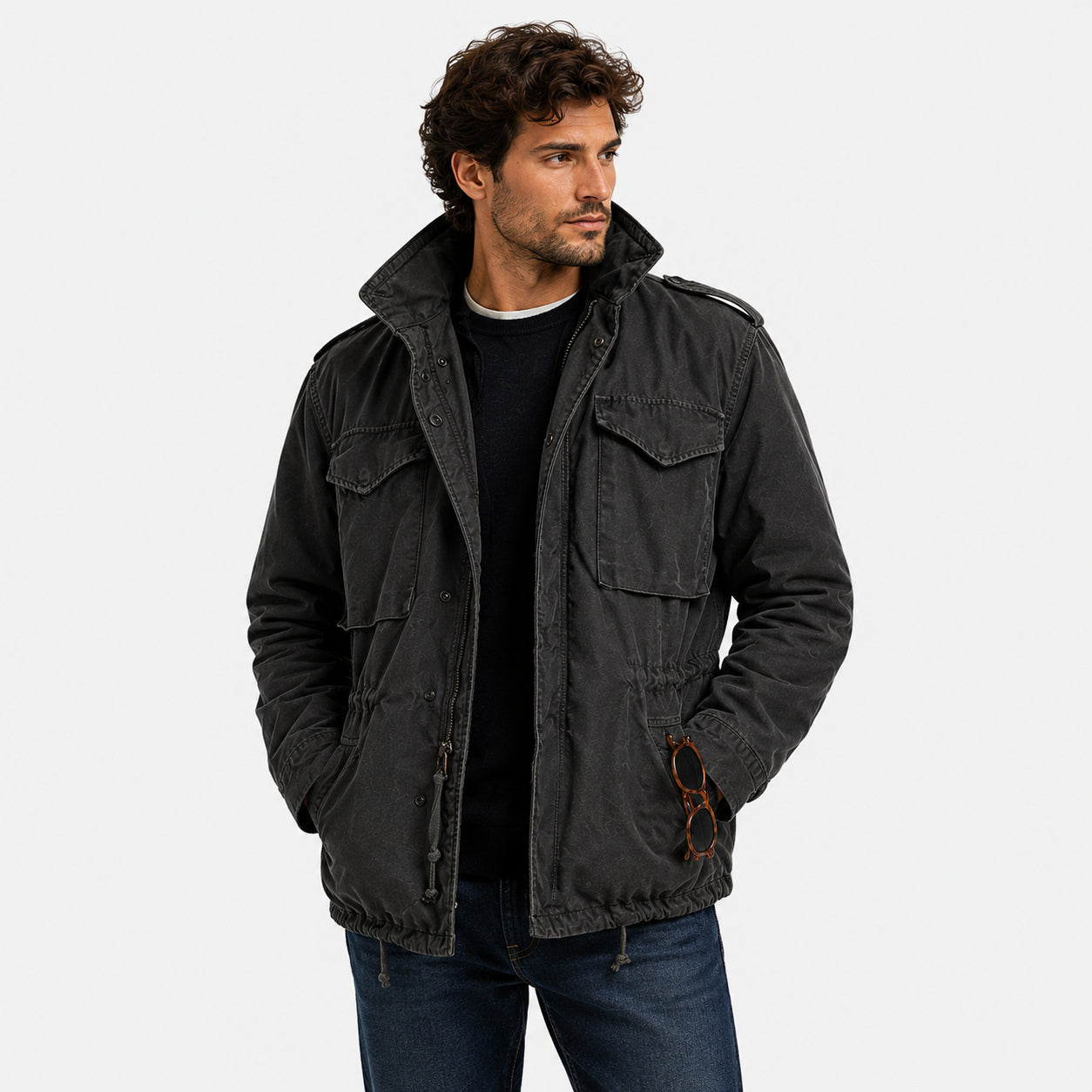 Men's Vintage Military Jacket with Hidden Hood