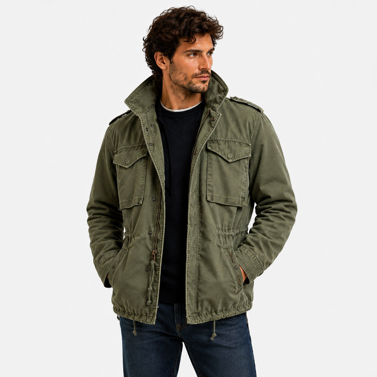 Men's Vintage Military Jacket with Hidden Hood