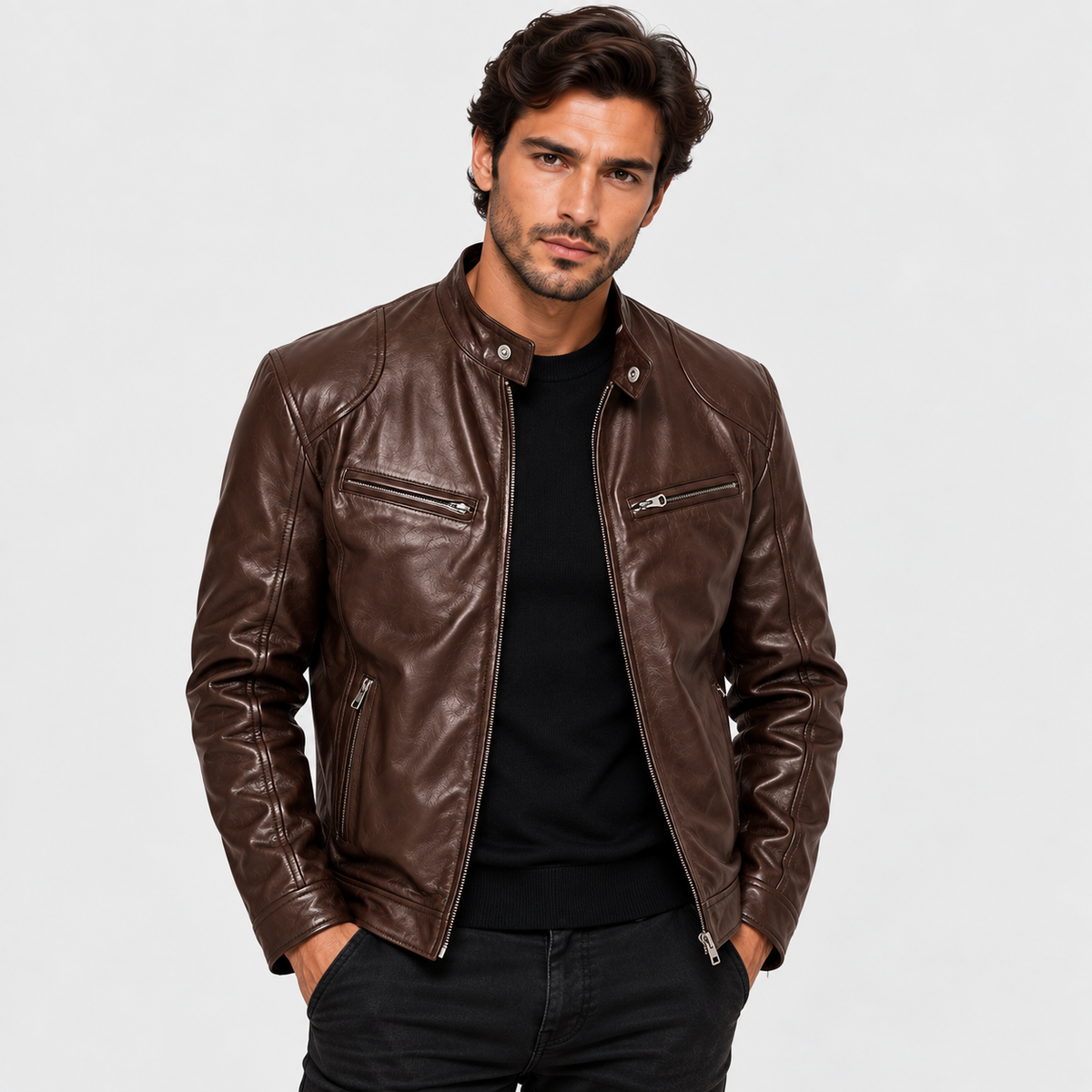 Men's Leather Jacket with Stand-Up Collar in Dark Brown
