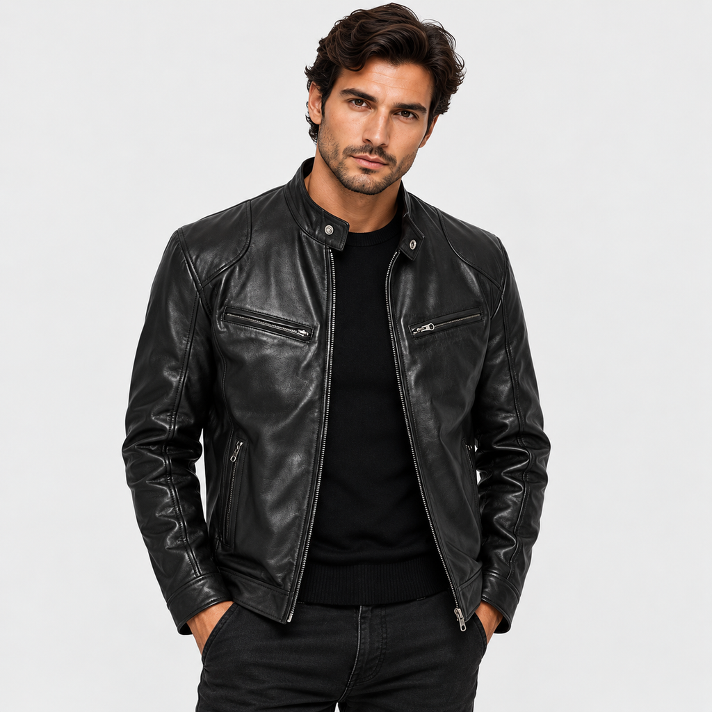 Men's Leather Jacket with Stand-Up Collar in Black