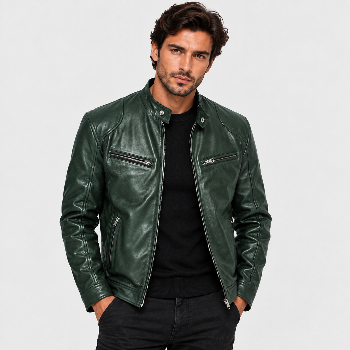 Men's Leather Jacket with Stand-Up Collar in Dark Green