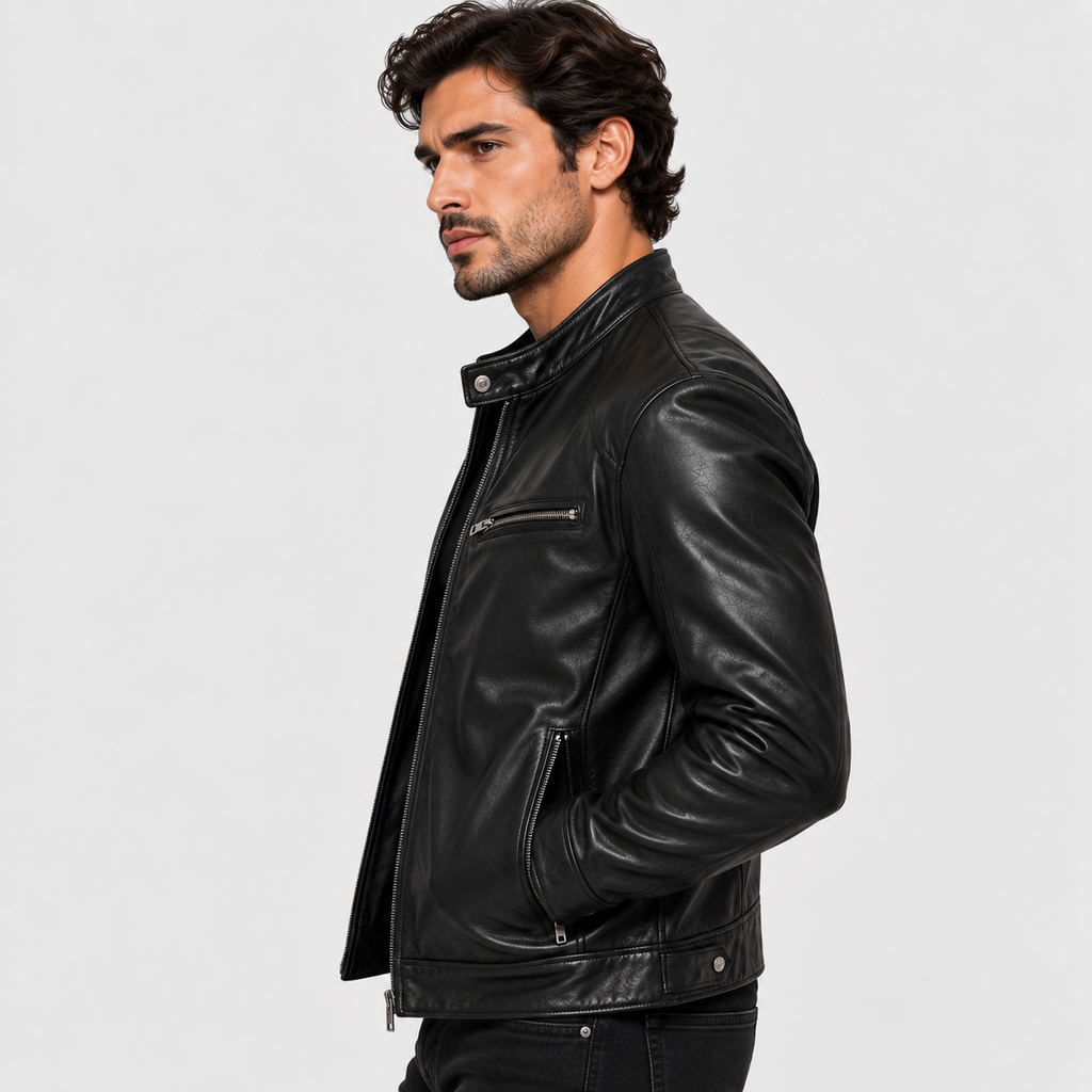 Men's Leather Jacket with Stand-Up Collar in Dark Blue